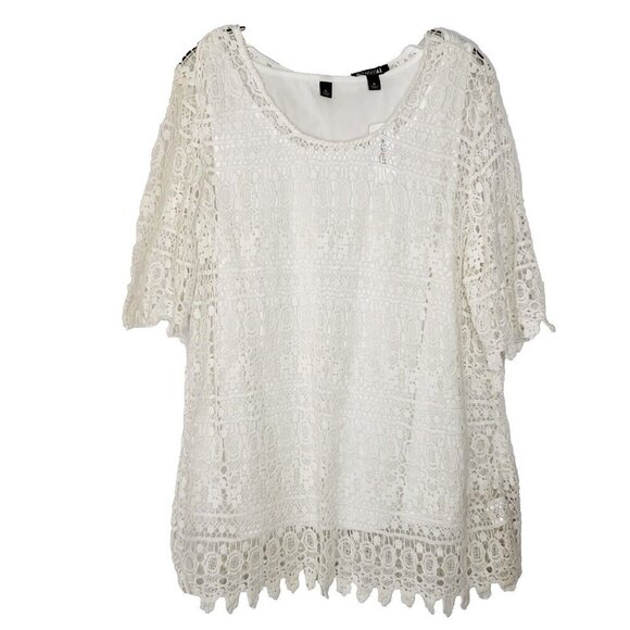 Crochet Open Knit Top Blouse XL Short Sleeve 2pc White Boho Fairy Feminine - Picture 1 of 6
